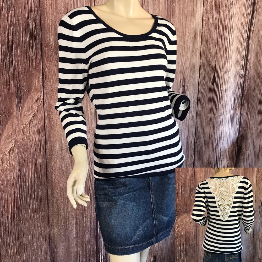 Linea Domani Stripe Top Crochet Lace Back M
